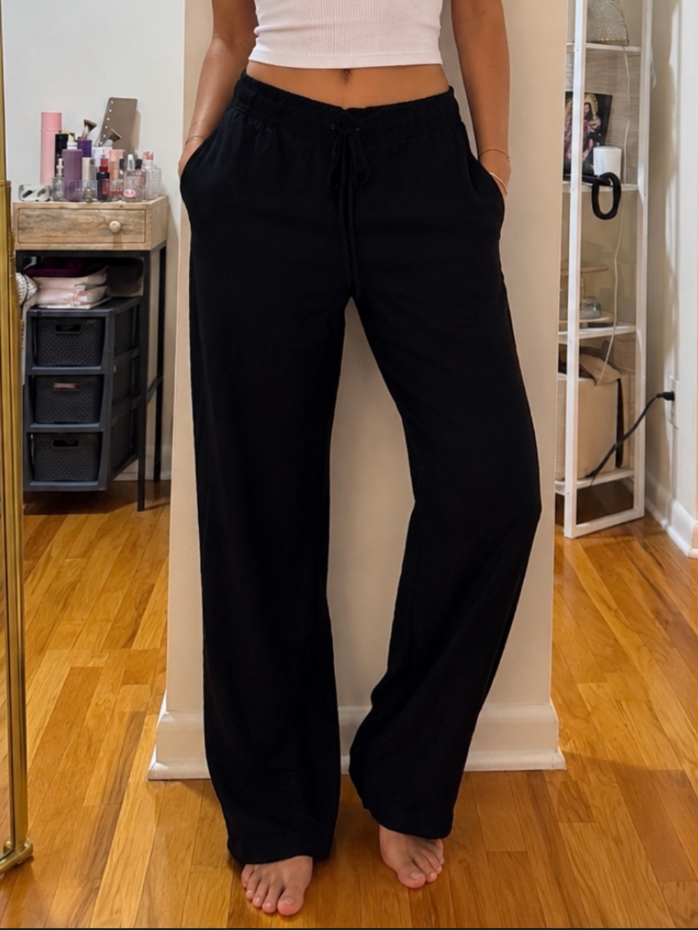 Black Elastic Wide Leg Drawstring Athlesiure Sweat Pants